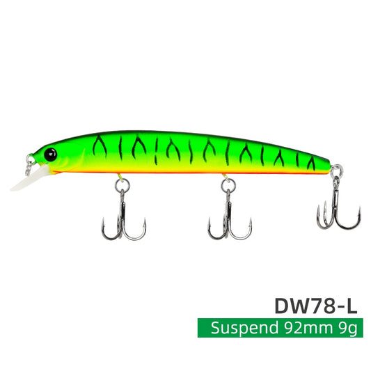 Suspending Minnow Fishing Lure DW78 92mm 9g Long Casting Pike 3 hooks Hard Bait Crank Bait Wobbler Jerkbait