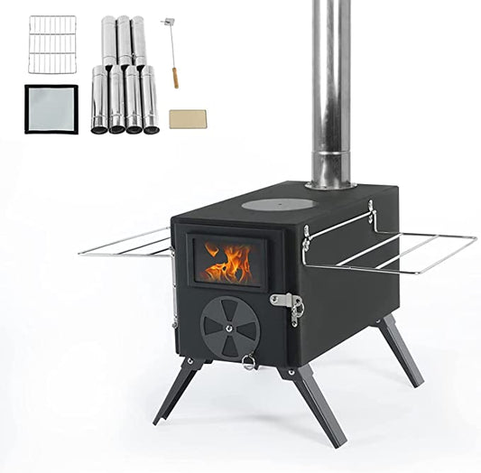 Portable Wood Burning Stove with Chimney Pipe for Tent, Shelter, Camping Heating and Cooking