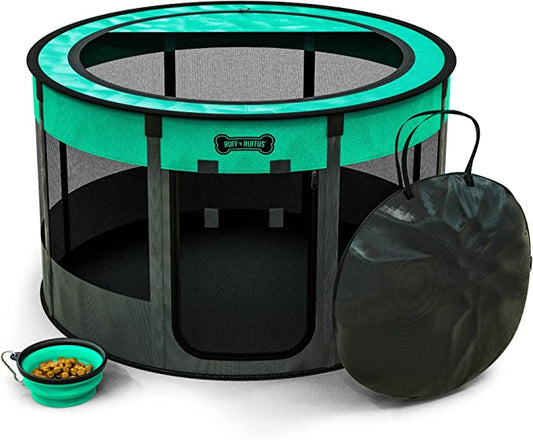 Ruff 'N Ruffus Portable Foldable Pet Playpen +Free Carrying Case + Free Travel Bowl (Medium (36x36x23 inches), Aqua (Blue))