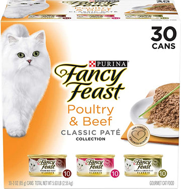 Purina Fancy Feast Grain Free Pate Wet Cat Food Variety Pack, Poultry & Beef Collection - (30) 3 oz. Cans