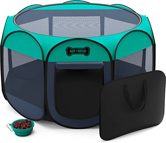 Ruff 'n Ruffus Portable Foldable Pet Playpen + Free Carrying Case + Free Travel Bowl | Available in 3 Sizes Indoor/Outdoor Water-Resistant Removable Shade Cover