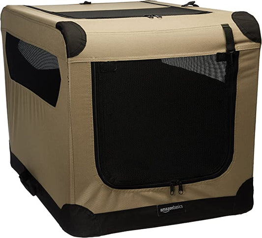 2-Door Collapsible Soft-Sided Folding Soft Dog Travel Crate Kennel, Medium (21 x 21 x 30 Inches), Tan