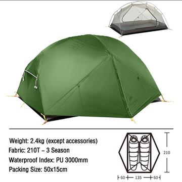 Mongar 2 Tent 2 Person Backpacking Tent 20D Ultralight Travel Tent Waterproof Hiking Survival Outdoor Camping Tent